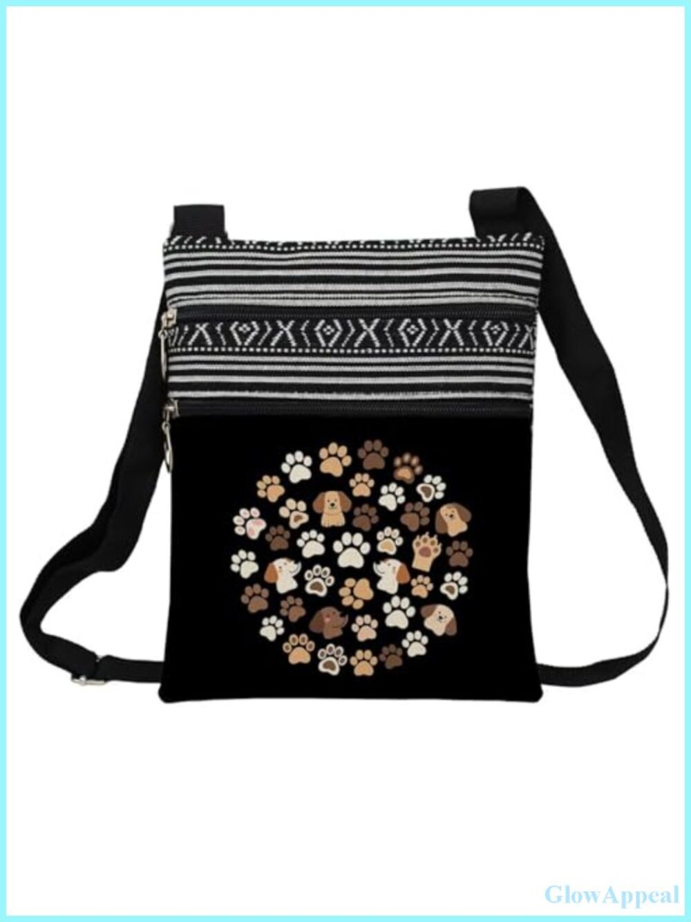 Paw Pattern Crossbody Bag Polyester Adjustable Strap Zipper Messenger
